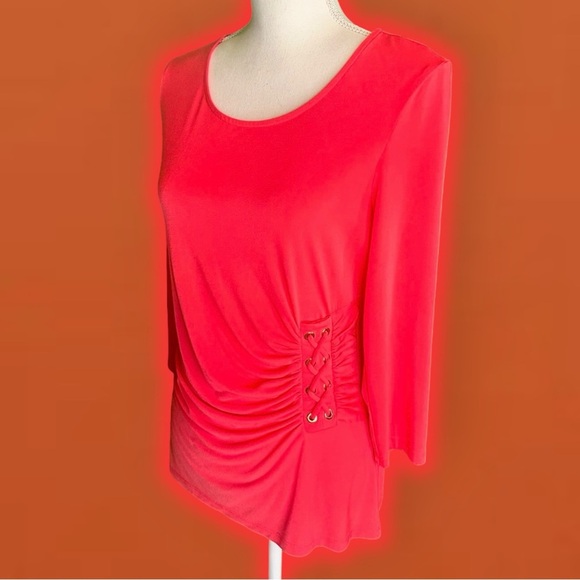 Calvin Klein ‘3/4 Sleeve Ruched Lace Up Detail Pullover Blouse’ Coral Red Size S - Picture 7 of 15
